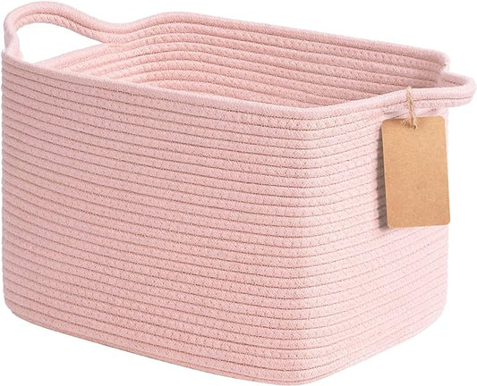 Goodpick Woven Storage Basket for Shelves, Small Baskets for Organizing, Rectangle Baby Nursery basket, Towel Baskets for Bathroom, Living Room, 13 x 10 x 9 Inches, Light Pink