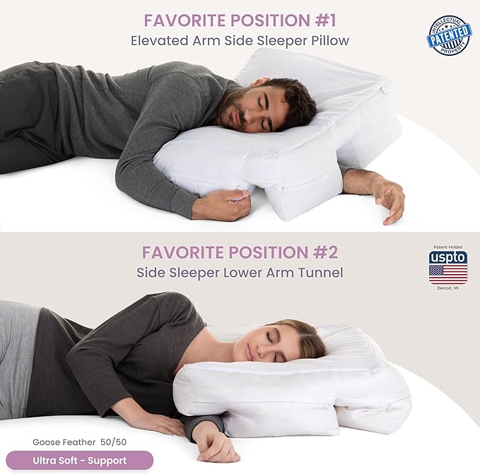 Ultra Soft Support. Shoulder & Neck for Pain Relief. Side, Back, Stomach Sleepers Arm Hole Slots for Many Sleeping Positions. Hotel Style Goose Down Feather & Siliconized Fiber Blend