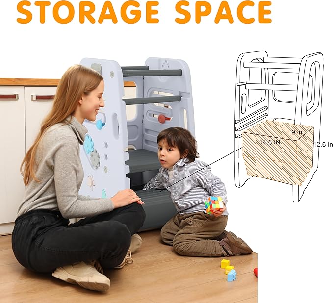 SDADI Multifunctional Toddler Tower with Double Safety Rails - Adjustable & Non-Slip for Kitchen and Bathroom Use - Montessori Step Stool for Kids, White and Dark Gray