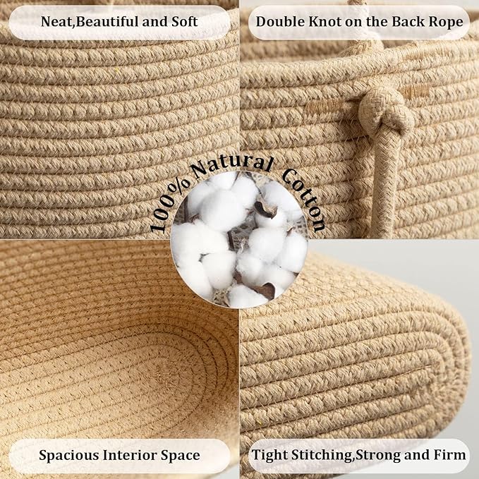 TeoKJ Over the Door Hanging Basket, 3-Tier Woven Cotton Wall-Mounted Storage Organizer with Self Adhesive Dessert Stick Decorative Hanging Nursery Baskets - Jute