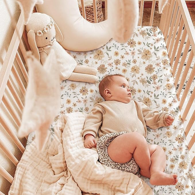 Konssy Muslin Fitted Crib Sheets 100% Cotton Baby Crib Sheets for Standard Crib Mattress (28 X 52 Inches), Soft and Breathable for Boys, Girls (Flowers)
