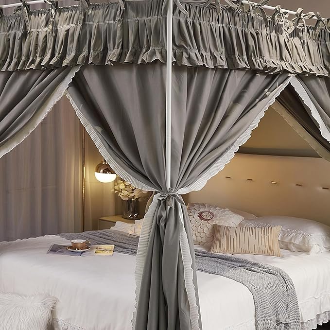 4 Corners Post Princess Ruffle Curtain Bed Canopy Lace Up Elastic Cozy Breathable Tent Mosquito Net for Girls Bedroom Decoration(Grey, 59-64" W*82" L*82" H/Queen)