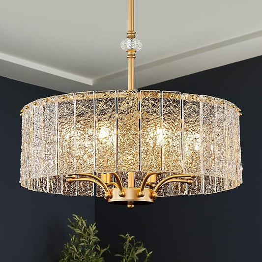 Modern Glass Chandelier Gold Drum Chandelier Light Fixture Round 24in Dining Room Chandelier Lighting 8 Light Ripple Glass Chandelier for Living Room Bedroom Entry Foyer