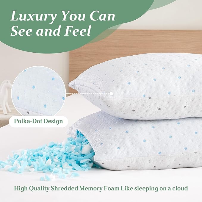Cooling Pillows Queen Size Set of 2 with Extra Stuffing Adjustable 100% Shredded Memory Foam Pillows Firmer & Soft with Washable Cover Bed Pillows for Side Back Stomach Sleeper Hypoallergenic