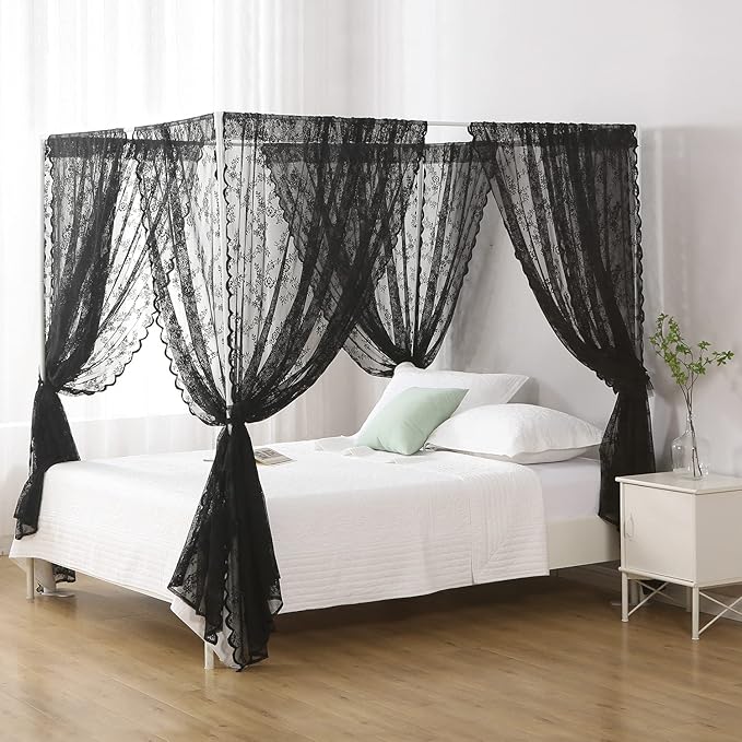 Black French Lace Canopy Bed Curtain Queen, Gothic Style Bed Canopy for Girls Bed Scarf Room Decor