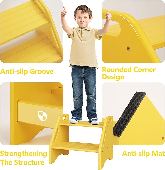 AMBIRD Wooden Step Stool, Two Step Stools Toddler 400 lbs Capacity with Safety Non-Slip Pads and Handles, Bamboo Step Stool for Bathroom, Kitchen Step Stools Dual Height Step Stools for Kids (Yellow)