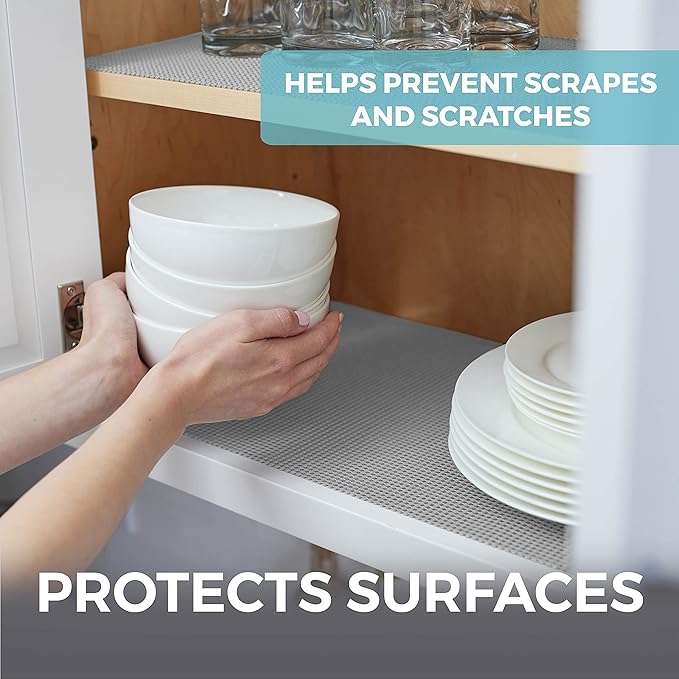 HOME GENIE Drawer Shelf and Cabinet Liner, Durable with Strong Grip, 17.5 Inch x 20 FT, Non Adhesive Liners Protect Kitchen Cabinets and Cupboard, Bathroom Drawers and Shelves, Desks, Soft Gray