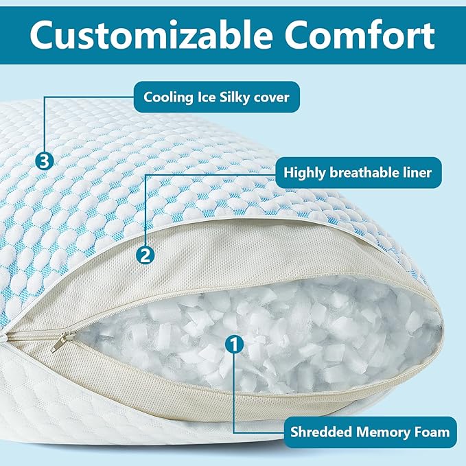 Shredded Memory Foam Pillows Standard Size Set of 2 Pack, Adjustable Cooling Bed Pillow for Side Back Sleepers with Washable Removable Cover