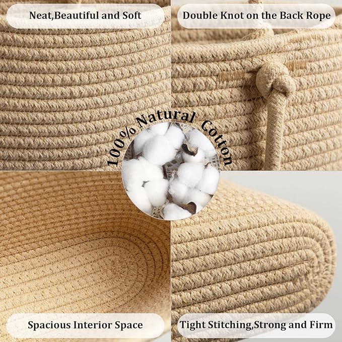 TeoKJ Over the Door Hanging Basket, 3-Tier Woven Cotton Wall-Mounted Storage Organizer Bag Decorative with Self Adhesive Write-On Sticker Hanging Nursery Baskets - Jute