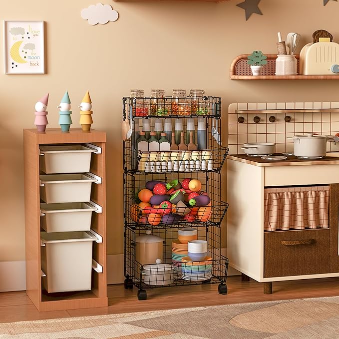 Bath Toy Storage Organizer, 4 Tier Rolling Outdoor Toy Storage, Wire Toy Organizer Kids Bookshelf for Playroom Bedroom (Black, Extra Large)