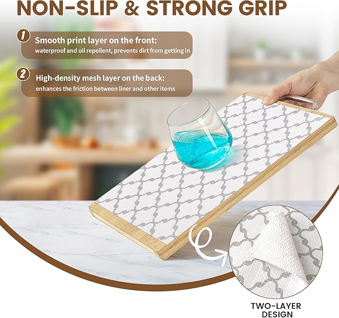 Drawer and Shelf Liner Non Adhesive, Non Slip Kitchen Cabinets Liner, 24 in X 20 FT Waterproof Strong Grip Thickened Washable Drawer Mat Cupboard Pad for Shelves tool box Fridge, White/Elegant Gray