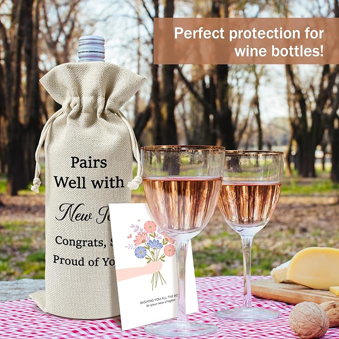 New Job Wine Gift Bags & Card, Congrats on New Job Gifts Promotion Gifts for Her Him Coworker Colleague, 1 pcs Reusable Burlap Wine Gift Bags for Wine Bottles, New Job Congratulations Party Favor -23