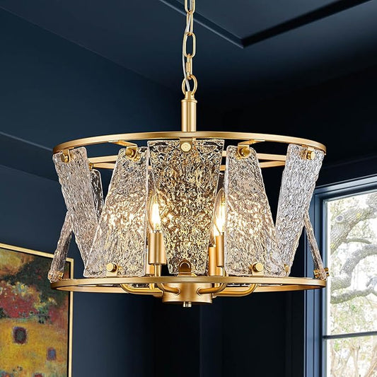 Modern Gold Round Chandelier 6 Light Drum Glass Chandelier Light Fixture18in Hammered Glass Chandelier for Dining Room Kitchen Entryway Bedroom Breakfast Nook