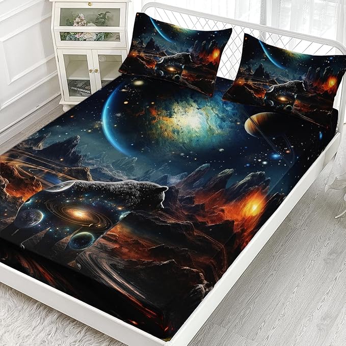 AILONEN Panther Fitted Sheet Set Twin Size, Galaxy Starry Planet Volcano Boys Black Bear Bed Sheet Set,3 Pieces Printed Fitted Sheet with 2 Pillowcases