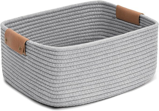 CHICVITA Rectangle Cotton Rope Woven Basket with Handles for Books, Magazines, Toys - Decorative Rectangle Basket for Baby Nursery, Living Room, Bathroom, Grey
