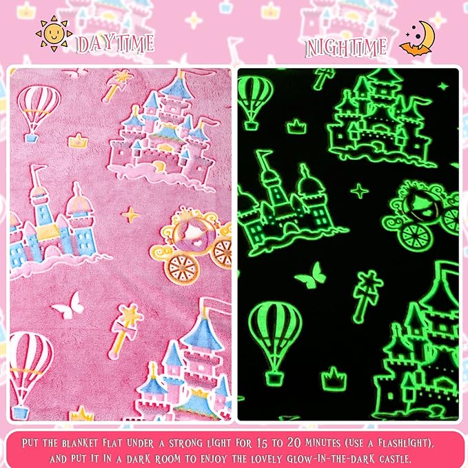 BORORO Glow in The Dark Blanket Castle Pink Blanket Birthday Gifts for Toddler Kids Girls Blankets