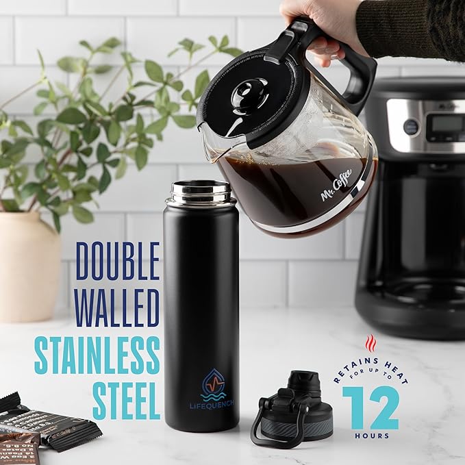 Insulated Water Bottle with Straw and Handle 22 oz-Stainless Steel Water Bottles with Straw, Dual Cap Function & Sleeve, Keeps Drinks Hot Up to 12 Hours & Cold Up to 24 Hours (Black)