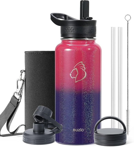 BUZIO Water Bottle with Straw lid, Spout Lid, Hand Lid and Carrying Pouch, 32oz 40oz 64oz Stainless Steel Water Flask Jug, Cold for 48 Hrs Hot for 24 Hrs Double Vacuum Thermo Canteen Mug, BPA-Free