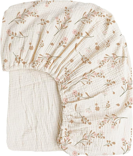 Konssy Muslin Fitted Crib Sheets 100% Cotton Baby Crib Sheets for Standard Crib Mattress (28 X 52 Inches), Soft and Breathable for Boy, Girl (Pink Floral)