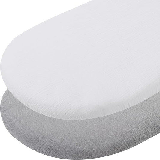 Muslin Bassinet Sheets 29"x 14" for Chicco LullaGo Anywhere, Baby Bjorn Cradle and Other Same Size Mattress Pad, Snuggly Soft 100% Cotton 2 Pack, White and Grey