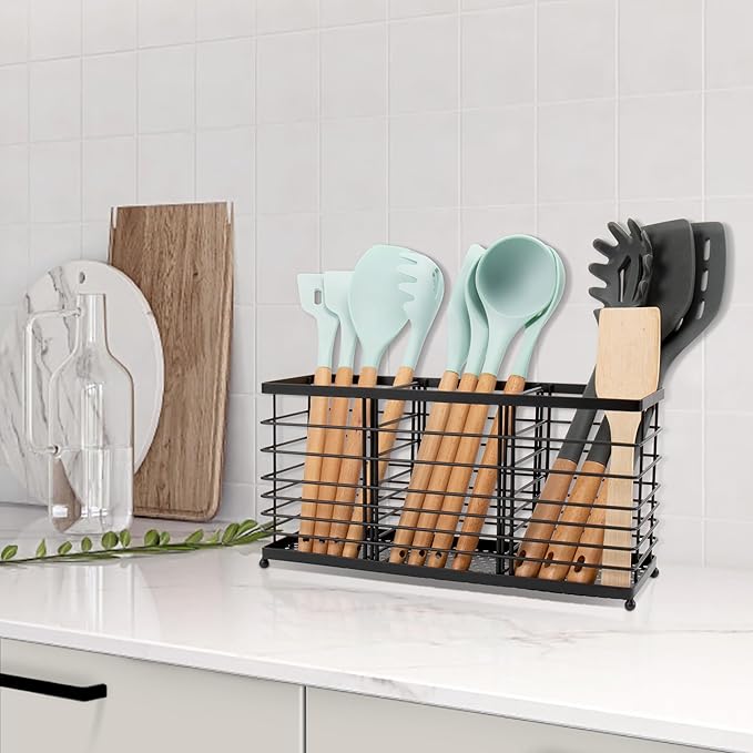 RedCall 3 Compartments Utensil Holder,Extra Large Cooking Utensil Organizer for Countertop,Black Metal Spoon Spatula Holder,Kitchen Tools Storage Holder,Kitchen Decor