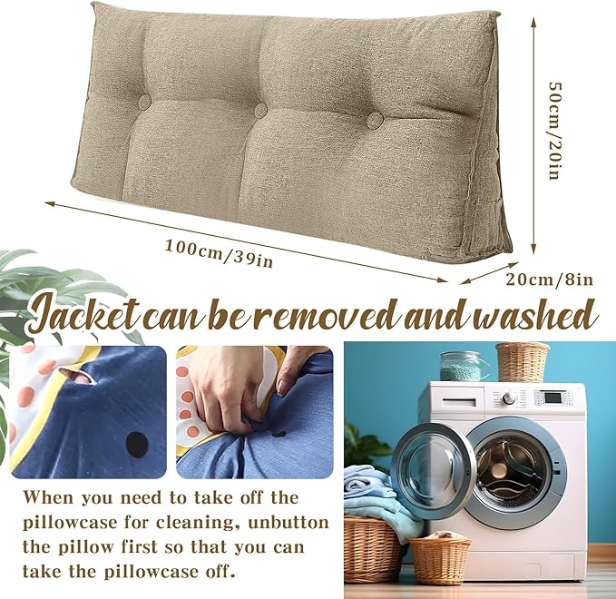 Wenqik Wedge Pillow Triangular Dorm Headboard Bed Rest Reading Backrest Back Support Long Bolster Pillow with Removable Cover for Dorm Room Supplies(Khaki Gray,Twin (39 x 20 x 8 Inch))