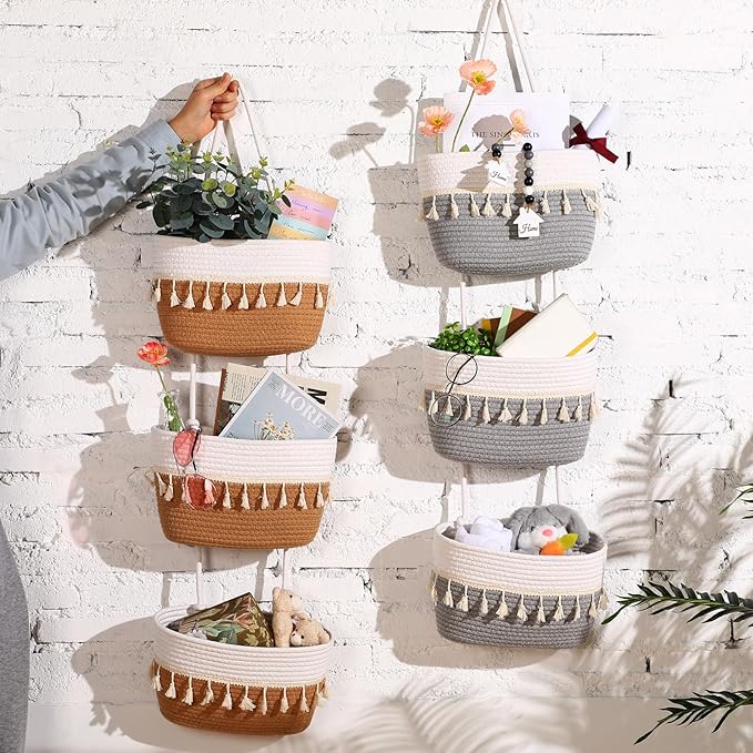 Over The Door Hanging Basket Boho Woven Wall Hanging Baskets 3-Tier Cotton Wall Mounted Storage Organizer Bag Macrame Decorative Hanging Baskets for Kitchen Laundry Room Stairs(White, Jute)
