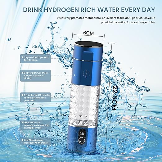 Hydrogen Rich Water Bottle, 5Min Quick Electrolysis,5000ppb Hydrogen Concentration, Rechargeable Portable Hydrogen Water Machine Generator for Home Office 290ML, ALH16B, Blue