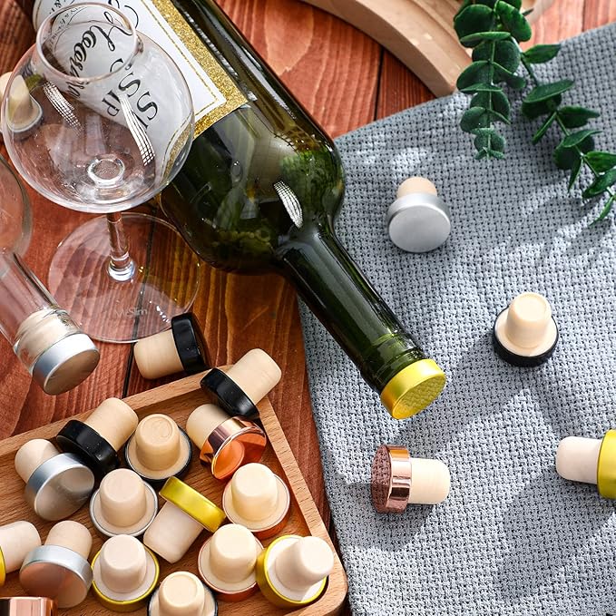 T-shaped Stopper Cork Wine Stopper Bottle Stoppers Reusable Wine Bottle Stopper Sealing Plug Bottle Cap for Wine Beer Bottles DIY Craft (Black, Silver, Gold, Rose Gold,24 Pieces)