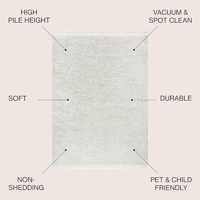 JONATHAN Y MCR100A-5 Mercer Shag Plush Tassel Indoor Area-Rug Bohemian Modern Contemporary Solid Easy-Cleaning Bedroom Kitchen Living Room, 5 X 8, White with Tassel