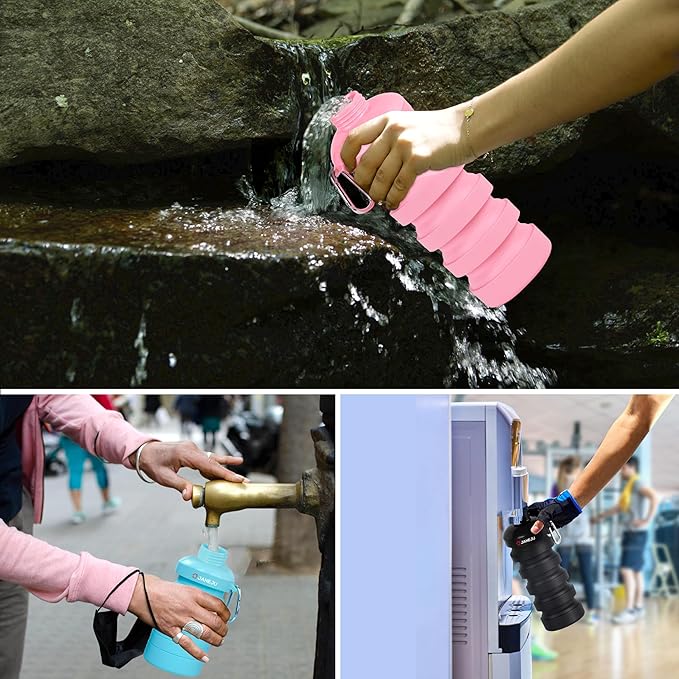 JaneJu Collapsible Water Bottle, 32oz BPA Free Silicone Reusable Portable Lightweight Foldable Water Bottles with Carabiner, Leak Proof Sports Water Bottle with Stainless Twist Cap (White)