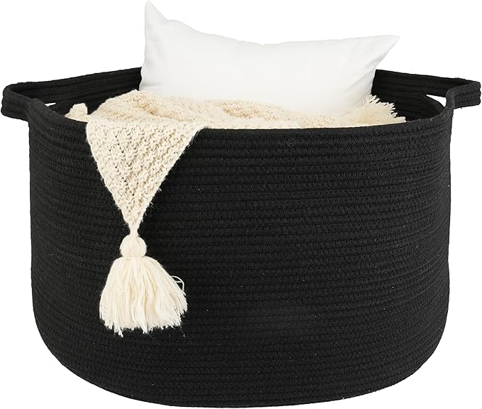 Large Cotton Rope Basket Blankets Basket Living Room 22"x14" Toy Basket for Kids and Dogs Rope Storage Basket for Nursery Woven Laundry Basket for Clothes Towels Baby Toy Storage round black