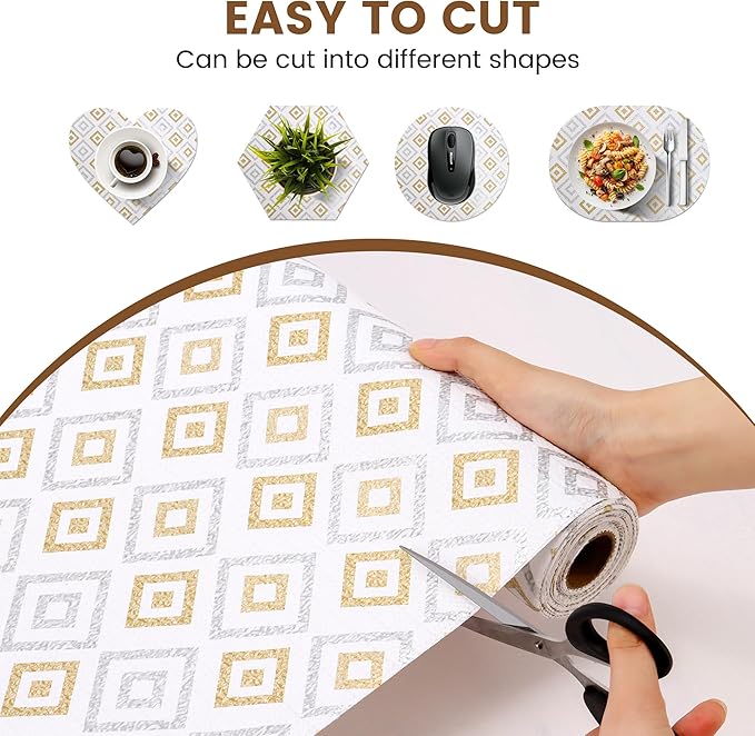 Shelf Liners for Kitchen Cabinets 15in X 15FT, Non Adhesive Cabinet Liner Strong Non-Slip Thickened Gold Geometric Drawer Liner, Washable Liner Easy to Clean for Shelf