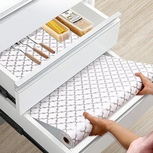 Drawer and Shelf Liner Non Adhesive, Non Slip Kitchen Cabinets Liner, 24 in X 20 FT Waterproof Strong Grip Thickened Washable Drawer Mat Cupboard Pad for Shelves tool box Fridge, White/Elegant Gray