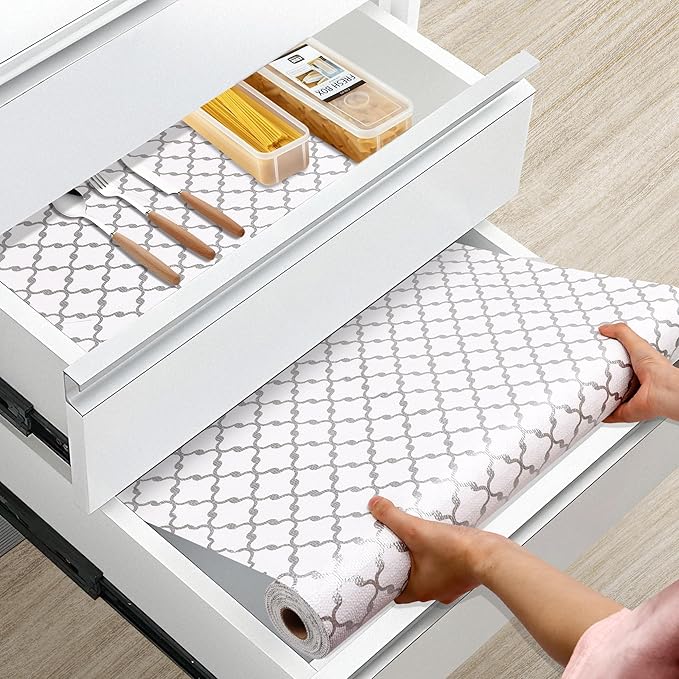 Drawer and Shelf Liner Non Adhesive, Non Slip Kitchen Cabinet Liner, 15 in X 15 FT Waterproof Strong Grip Thick Washable Mat for Cupboard Bathroom Cabinets Shelves Dresser Pantry, White/Elegant Gray