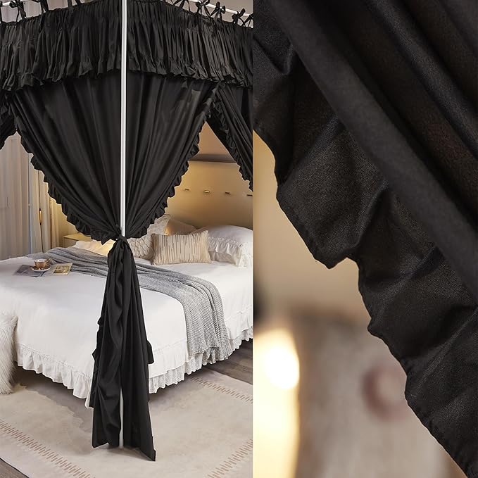 4 Corners Post Princess Ruffle Curtain Bed Canopy Lace Up Elastic Cozy Breathable Tent Mosquito Net for Girls Bedroom Decoration(Black, 59-64" W*82" L*82" H/Queen)