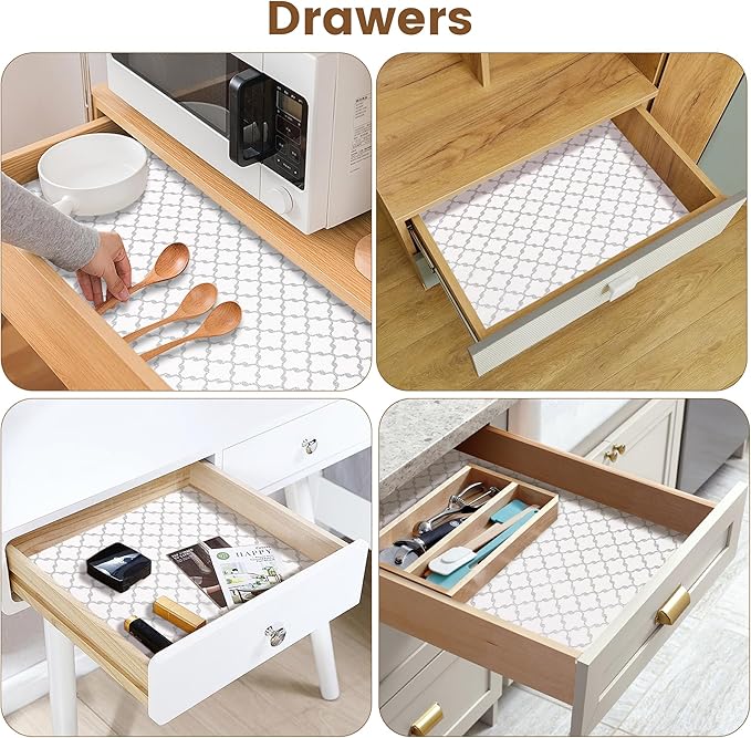 Drawer and Shelf Liner Non Adhesive, Non Slip Kitchen Cabinet Liner, 15 in X 15 FT Waterproof Strong Grip Thick Washable Mat for Cupboard Bathroom Cabinets Shelves Dresser Pantry, White/Elegant Gray