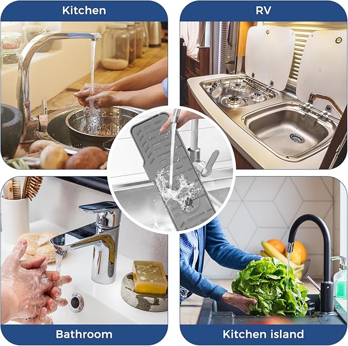Kitchen Sink Faucet Splash Guard XXL Silicone Sink Faucet Drying Mat Faucet Handle Drip Catcher Tray, Dish Sponge Holder Kitchen Sink Accessories Protector Home Kitchen Organization Gadgets Organizer