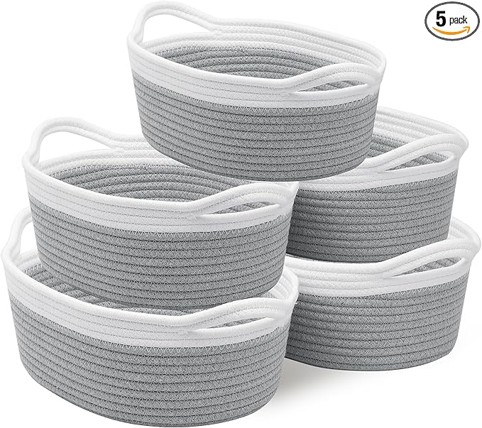 Small Woven Basket with Handles, 5 Pack Cotton Rope Room Shelf Storage Basket for Organizing Small Round Basket Baby Nursery Bins, White (Off White & Gray)