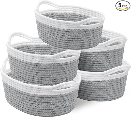 Small Woven Basket with Handles, 5 Pack Cotton Rope Room Shelf Storage Basket for Organizing Small Round Basket Baby Nursery Bins, White (Off White & Gray)