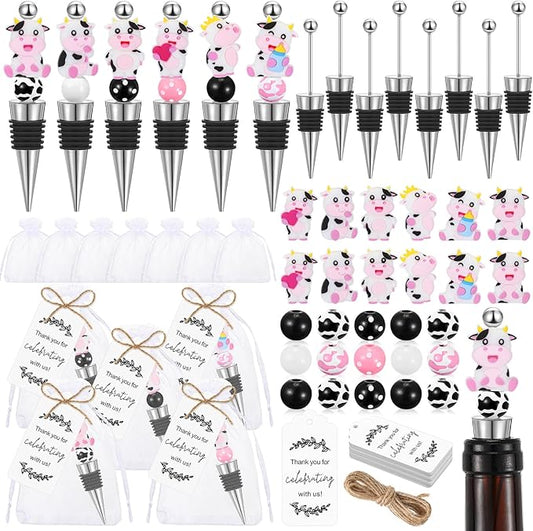 Gisafai 24 Set Cow Beadable Wine Stoppers Thank You Wedding Favors for Guests Decorative Beaded Wine Bottle Stopper with Cow Beads Organza Bag Tag for Wedding Cow Party Favor Baby Shower Gifts