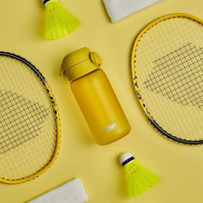 Ion8 Small Water Bottle, 350 ml/12 oz, Leak Proof, Easy to Open, Secure Lock, Dishwasher Safe, BPA Free, Carry Handle, Hygienic Flip Cover, Easy Clean, Odor Free, Carbon Neutral, Sunset Yellow