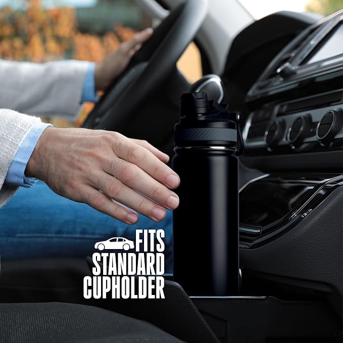 Insulated Water Bottle with Straw and Handle 22 oz-Stainless Steel Water Bottles with Straw, Dual Cap Function & Sleeve, Keeps Drinks Hot Up to 12 Hours & Cold Up to 24 Hours (Black)