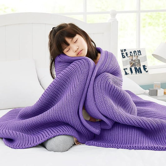 Knitted Weighted Blanket(Purple 50"x60" 7lbs),Home Décor Cooling Throw Blanket for Hot Sleepers,Hand Made Chunky Knit Heavy Blanket Use on Twin Size Bed