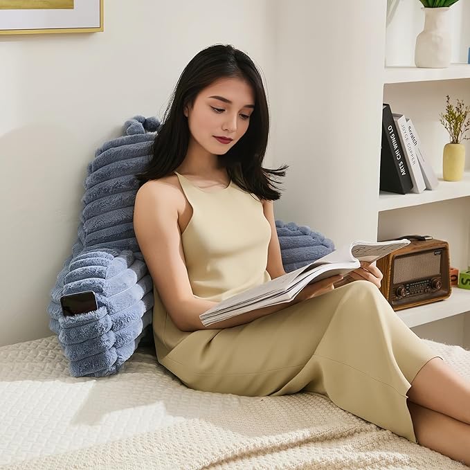 Faux Fur Fluffy Dusty Blue Reading Pillow with Pockets, Luxury Striped Plush Decorative, Arm Rests and Back Surport for Bed Rest, Lounging on sofa, Large