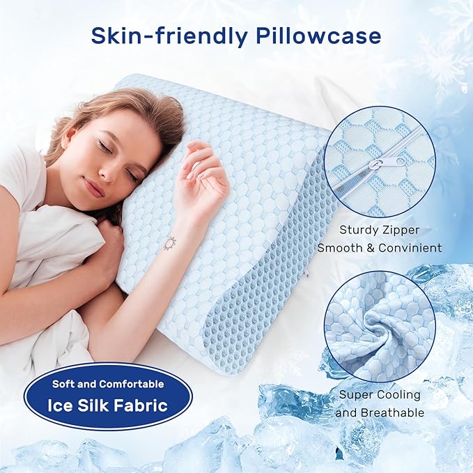 Cooling Pillow for Hot Sleepers Memory Foam Pillow Neck Contour Cervical Orthopedic Pillow for Sleeping Side Back Stomach Sleeper, Ergonomic Bed Pillow for Neck Pain-Blue White