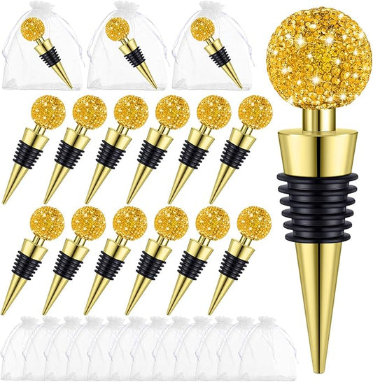 Crystal Wine Bottle Stopper Diamond Wine Stoppers Reusable Zinc Alloy Silicone Beverage Saver Corks Wine Decorative Bottle Stoppers with Sheer Bags for Wedding Bar Gifts(Gold,12 Set)