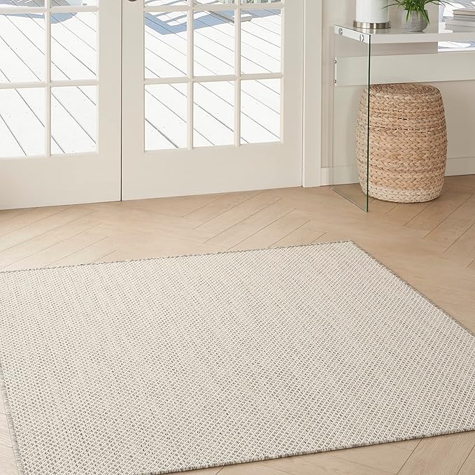 Nourison Courtyard Indoor/Outdoor Ivory/Silver 5' x Square Area Rug, Easy Cleaning, Non Shedding, Bed Room, Living Room, Dining Room, Backyard, Deck, Patio (5 Square)