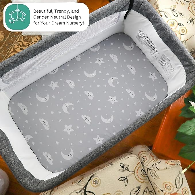 Bassinet Sheets for Maxi-Cosi Iora, Papablic 2 in 1 Bonni, Cowiewie Bassinet Bedside Sleeper, 3 Pack, 33x20 Inch, Ultra Soft, Breathable Snug Fit, Unisex Boys Girls, Gray White (Moon, Stars, Clouds)