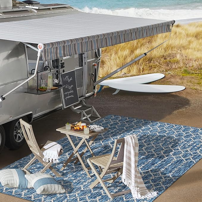 JONATHAN Y SMB108B-8 Ourika Moroccan Geometric Textured Weave Indoor Outdoor Area Rug, Bohemian, Rustic, Scandinavian Easy Cleaning,Bedroom,Kitchen,Backyard,Patio,Non Shedding, Navy/Light Gray, 8 X 10